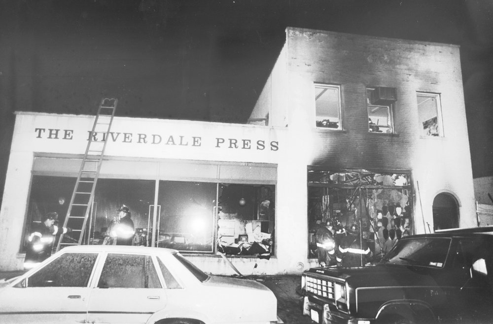 The Broadway office for The Riverdale Press stands after being firebombed on Feb. 28, 1989, following an editorial defending the right to read (and
buy) Salman Rushdie’s ‘The Satanic Verses.’