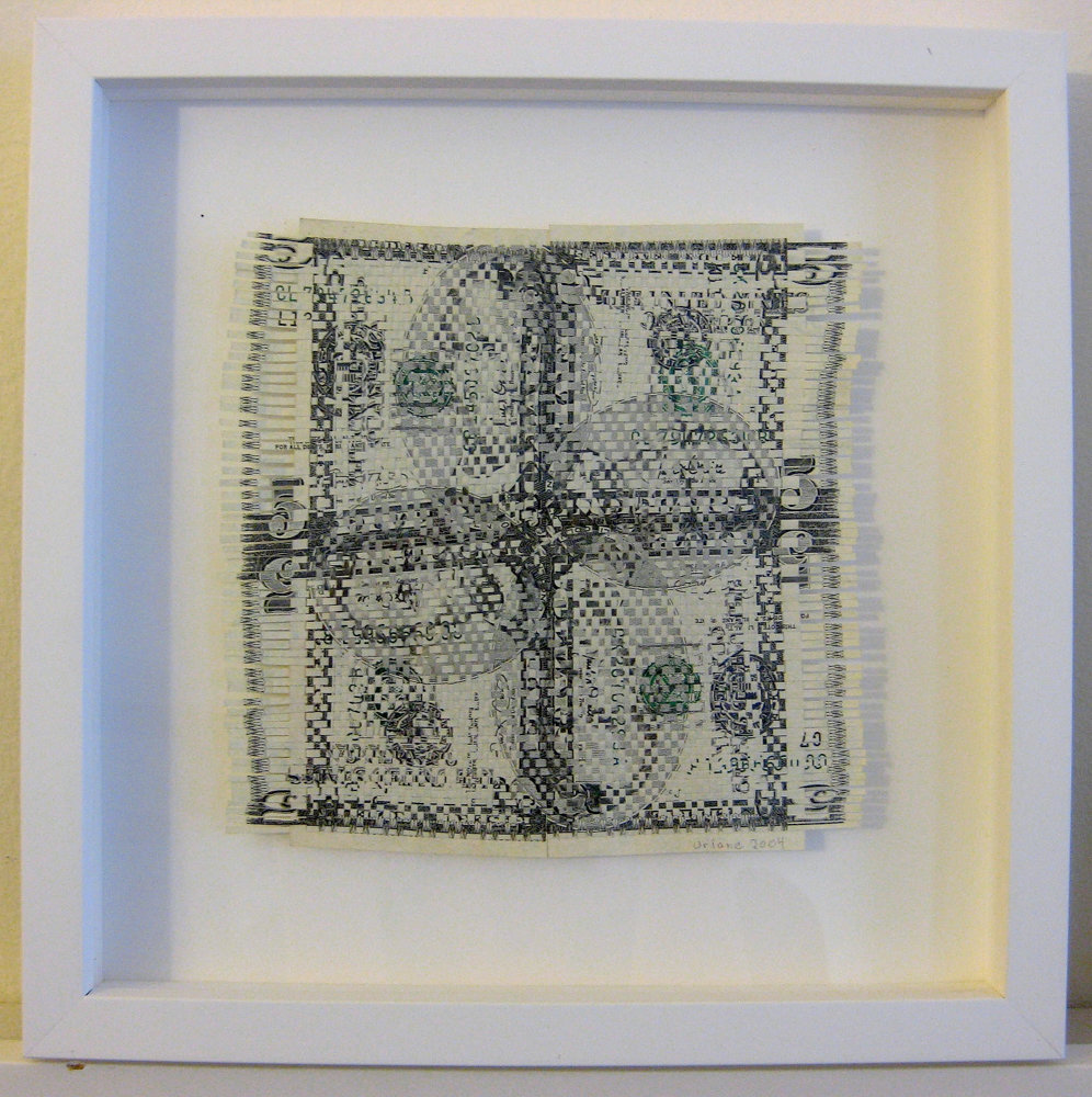 Oriane Stender is just one of more than 30 artists featured in ‘Mediums of Exchange,’ a joint exhibition about money on display at the Lehman College Art Gallery and the Borough of Manhattan Community College’s Shirley Fiterman Art Center that explores the significance of money. Stender’s ‘$20 Weaving (New Fives)’ is on display at the Lehman gallery through May 4.