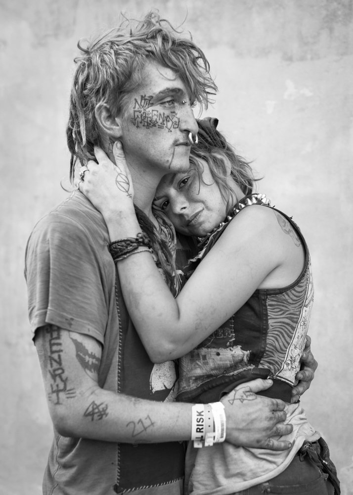 Alister and Sherie embrace each other for a portrait in New Orleans in 2017. Michael Joseph photographed them for ‘Lost and Found,’ a portrait series of people traveling throughout the United States by rail. It is on display at Daniel Cooney Fine Art through April 13.