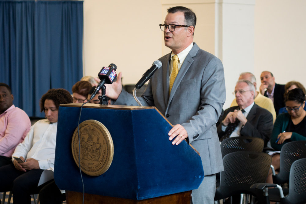 Councilman Andrew Cohen speaks out against the proposed deal with Stagg Group regarding the transitional housing facility at 5731 Broadway in 2017. Cohen’s thumb is just a little less green, at least according to the New York League of Conservation Voters, after his score dropped slightly on its annual city council environmental scorecard.