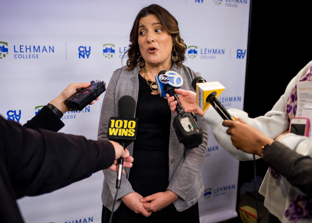 Sara Goldrick-Rab speaks with members of the media following a recent news conference at Lehman College after sharing the results of a new study by the Hope Center for College, Community and Justice that found 48 percent of responding CUNY students had food insecurities and 55 percent were housing insecure in the last year.