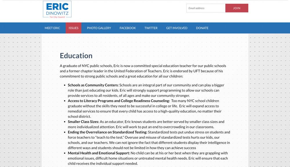 A screenshot of Eric Dinowitz’s campaign website shows what he admits is an erroneous claim the United Federation of Teachers endorsed his run for city council. The claim has since been removed.