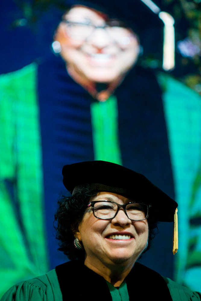 U.S. Supreme Court Justice Sonia Sotomayor listens as she is introduced on stage during the commencement ceremony for Manhattan College’s graduating Class of 2019. Sotomayor received an honorary doctorate before delivering the keynote.