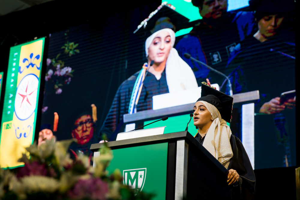 Graduating senior Donya Quhshi talks about her mother’s emphasis on education in her valedictory speech during Manhattan College’s commencement for the Class of 2019.