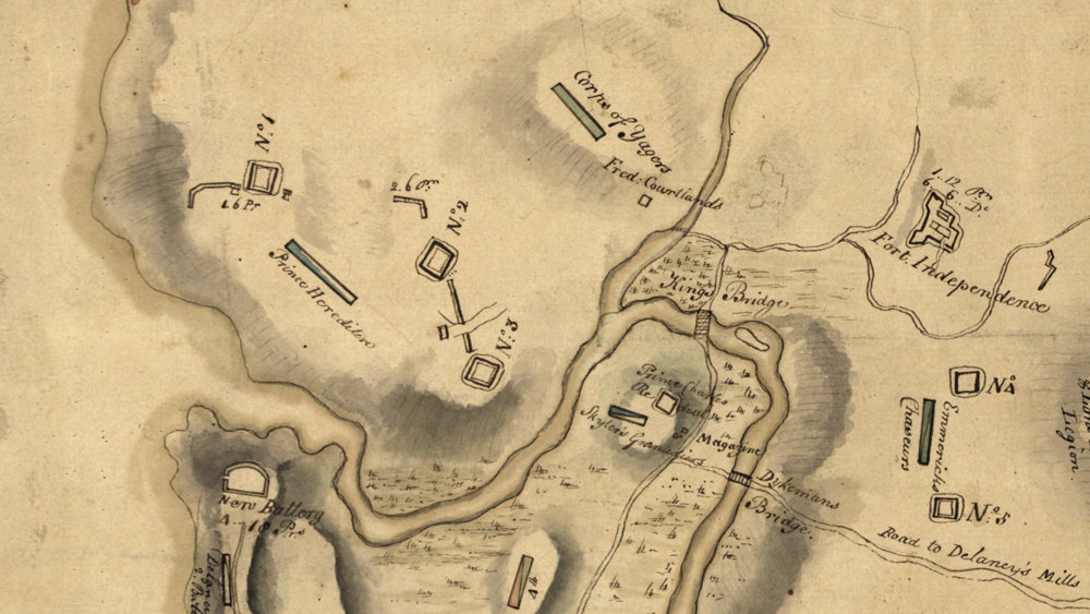 A portion of a map shows the location of Fort No. 2 that was in use during the Revolutionary War. The site of the fort is believed to be an empty lot at the corner of West 230th Street and Fairfield Avenue. Kingsbridge Historical Society president Nick Dembowski is in negotiations with property owner Martin Zelnik to conduct an archaeological dig on the site.