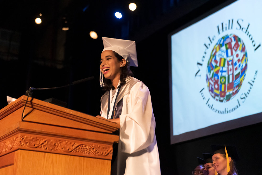 Angela Veras Oriach delivers her valedictorian address during the graduation ceremony of Marble Hill High School for International Studies.