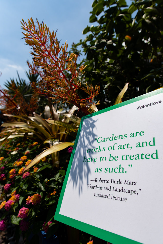 A sign displays a quote by Brazilian landscape architect Roberto Burle Marx as part of an exhibition of his work at the New York Botanical Garden.