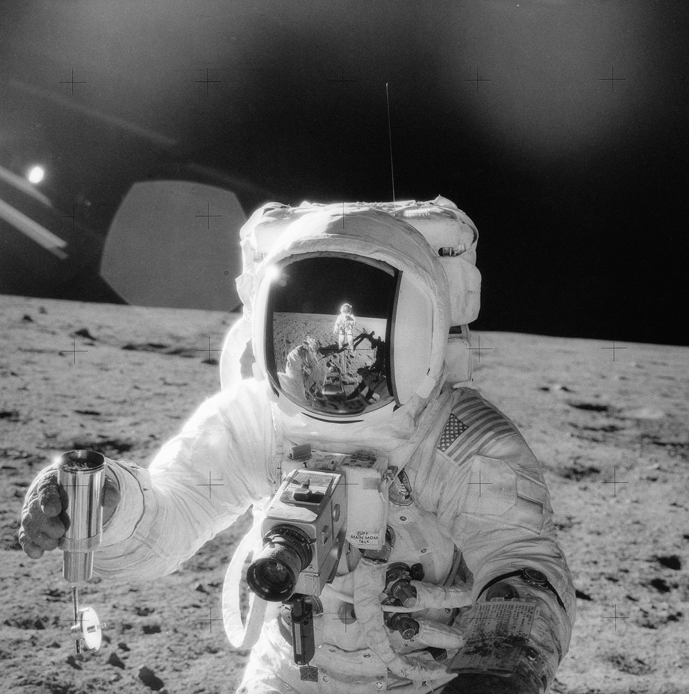 Astronaut Charles Conrad took a photo of his fellow moonwalker Alan Bean on the moon's surface during the Apollo 12 mission, the second voyage to the moon in 1969. This image is included in the exhibition 'A Century of Lunar Photography and Beyond,' on display at the Hudson River Museum until Jan. 12.