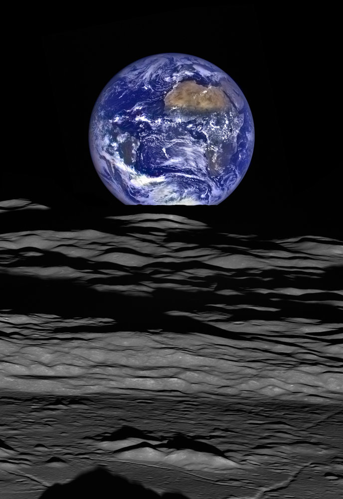 This composite image shows the moon's northern polar region set against an image of the Earth.