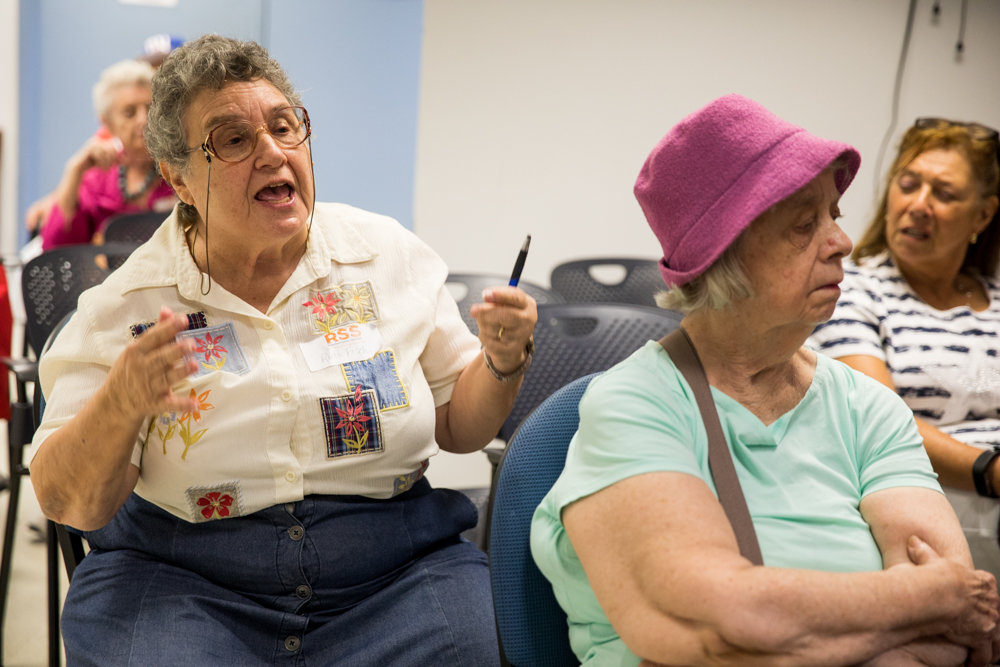 Ruth Fisch asks a question of state Sen. Alessandra Biaggi during an information session at RSS-Riverdale Senior Services. The senior center, which is celebrating its 45th anniversary, is often a forum for the neighborhood's older community to connect with local elected officials.