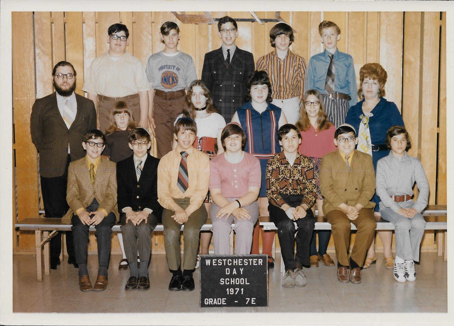 A 1971 photograph shows the seventh grade class at Westchester Day School where Michael Rabin, second from right in the top row, was a student. Rabin sought help from teachers and administrators after his claims he was molested by Stanley Rosenfeld, a teacher at the school who also taught at Salanter Akiba Riverdale Academy. Rosenfeld pleaded no contest to two counts of second-degree child molestation in 2001. Since the passage of the Child Victims Act, three people have filed civil suits against SAR.