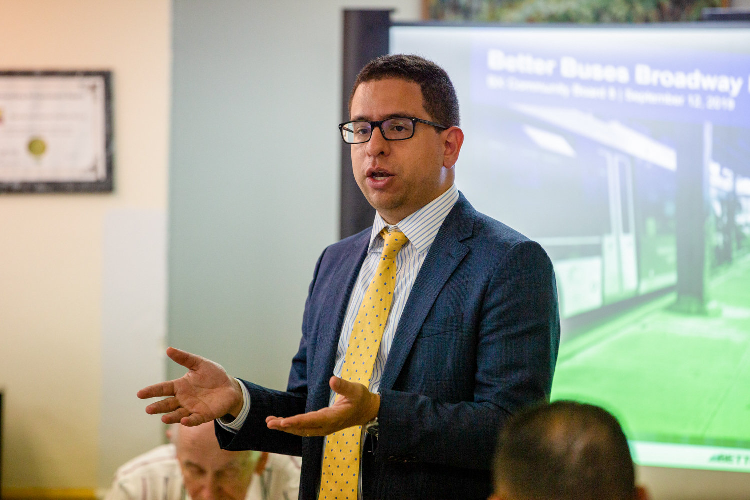 Nivardo Lopez, Bronx borough commissioner for the city’s transportation department, presents a plan to build a dedicated southbound bus lane on Broadway, primarily in Marble Hill, to traffic and transportation committee members last week.