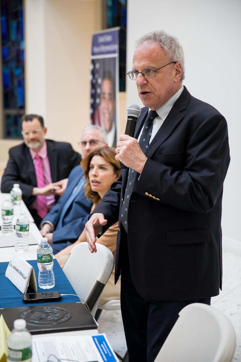 Assemblyman Jeffrey Dinowitz, here speaking at a recent town hall about the upcoming census, is skeptical of the city’s environmental department’s assertion that keeping the Jerome Park Reservoir’s north basin empty would prevent overflow at the Croton water treatment facility.