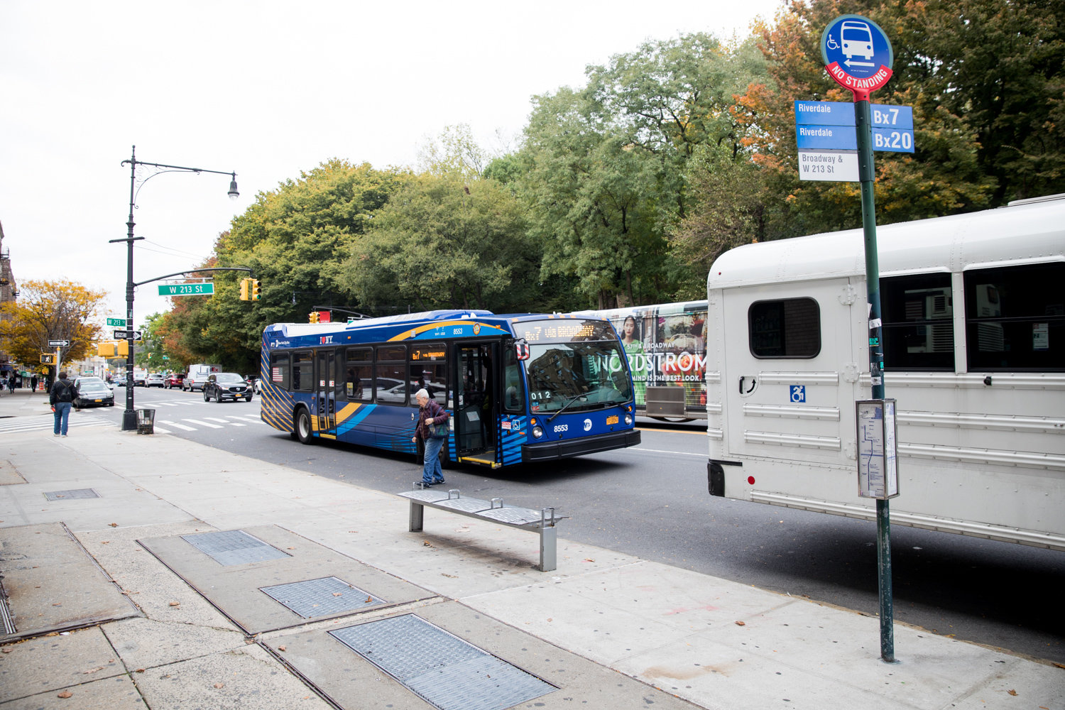 A Riverdale-bound Bx7 bus stops at West 213th Street and Broadway, a stop that will disappear if the Metropolitan Transportation Authority’s redesign of the borough’s bus network comes to fruition. A total of 13 stops are slated to be removed from the Bx7 route.