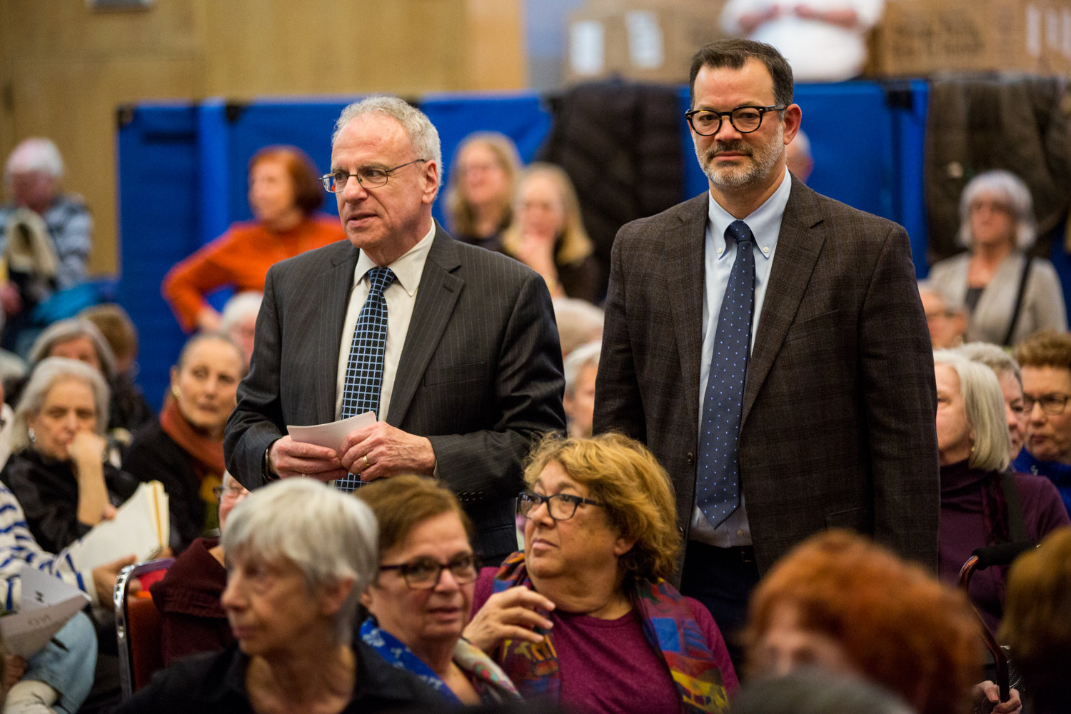 Assemblyman Jeffrey Dinowitz and Councilman Andrew Cohen moderate a question-and-answer session between community members and Metropolitan Transportation Authority officials during a Nov. 18 meeting at Riverdale Temple about proposed cuts to express bus service.