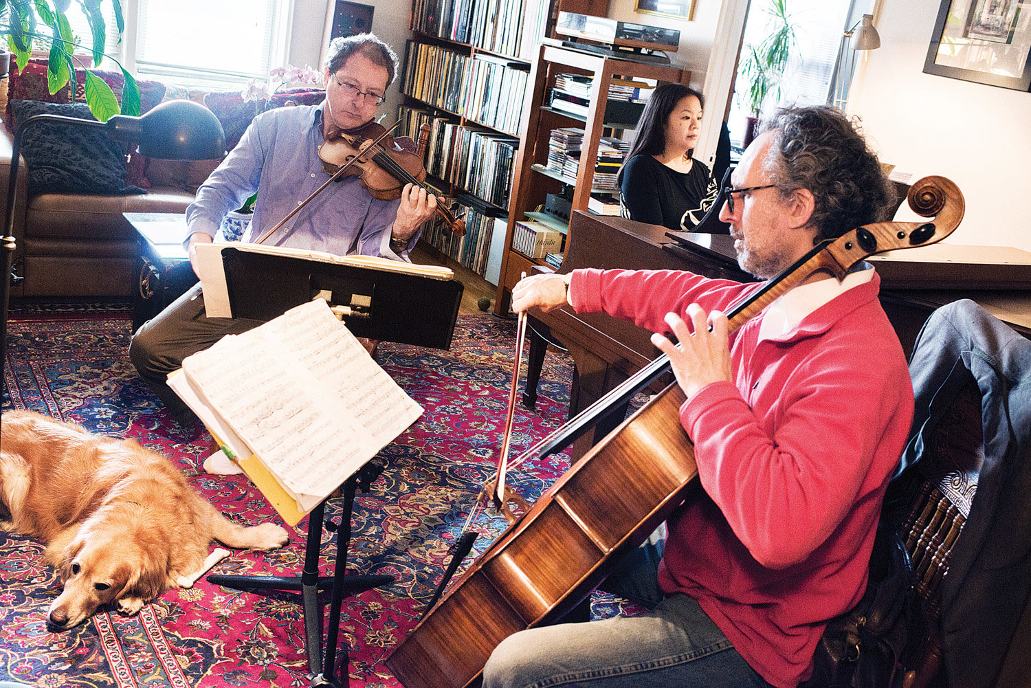 The di.vi.sion trio — Kurt Briggs on the violin, Renee Cometa-Briggs playing piano, and Matt Goeke on the cello — rehearse in an apartment in 2015. The group will perform at the Riverdale-Yonkers Society for Ethical Culture on Dec. 1.