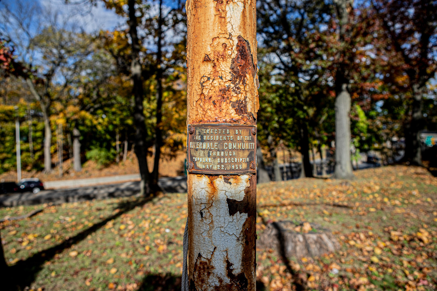 The flagpole on West 239th Street across from the Riverdale Monument has been in a state of disrepair for years. Richard Feldman is on a mission to restore it.