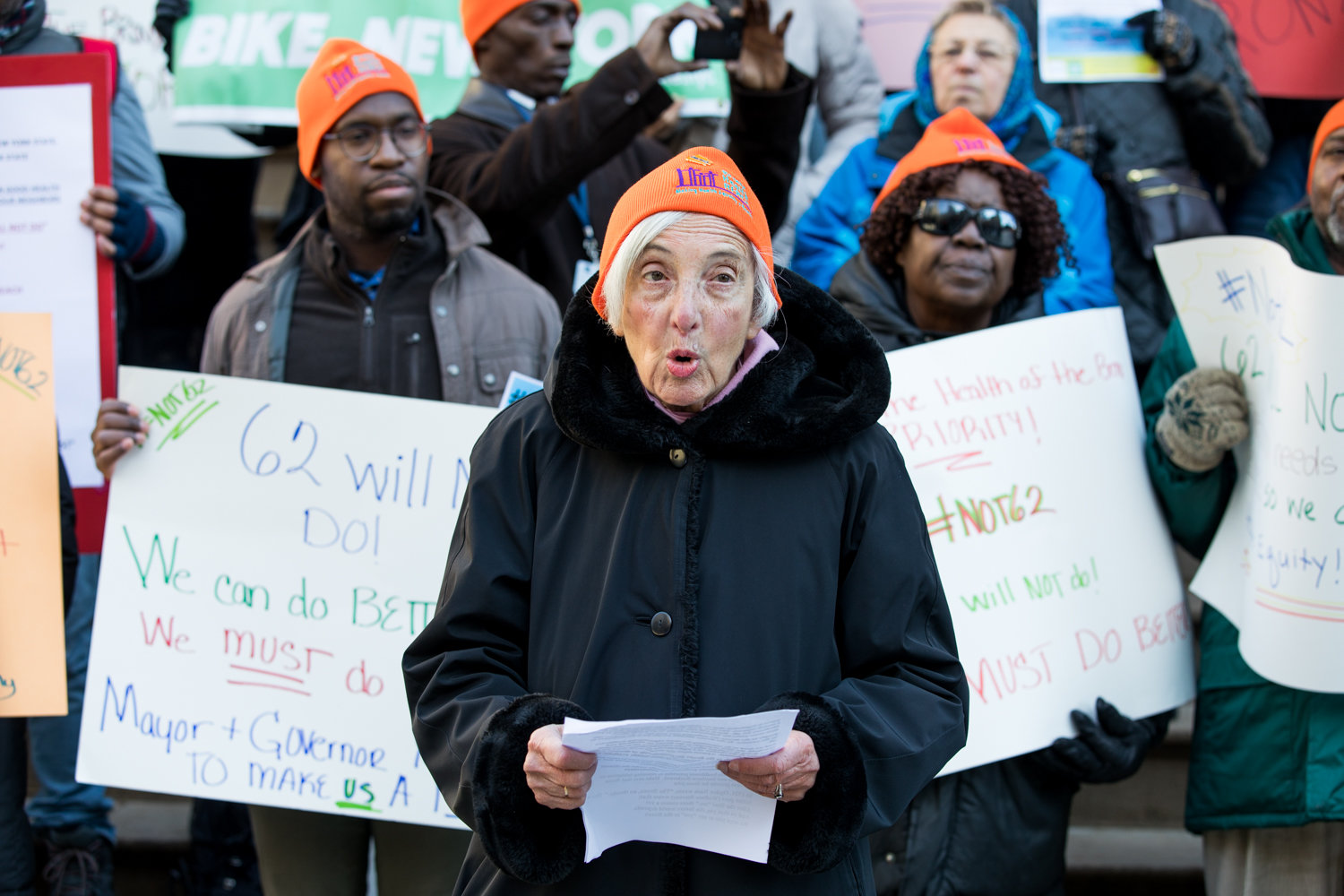 Campaign for New York Health volunteer Barbara Estrin speaks at a rally as part of Not 62 on Dec. 3. Bronx Health Reach and members of other advocacy groups came together to call for better conditions for the borough to encourage better health.
