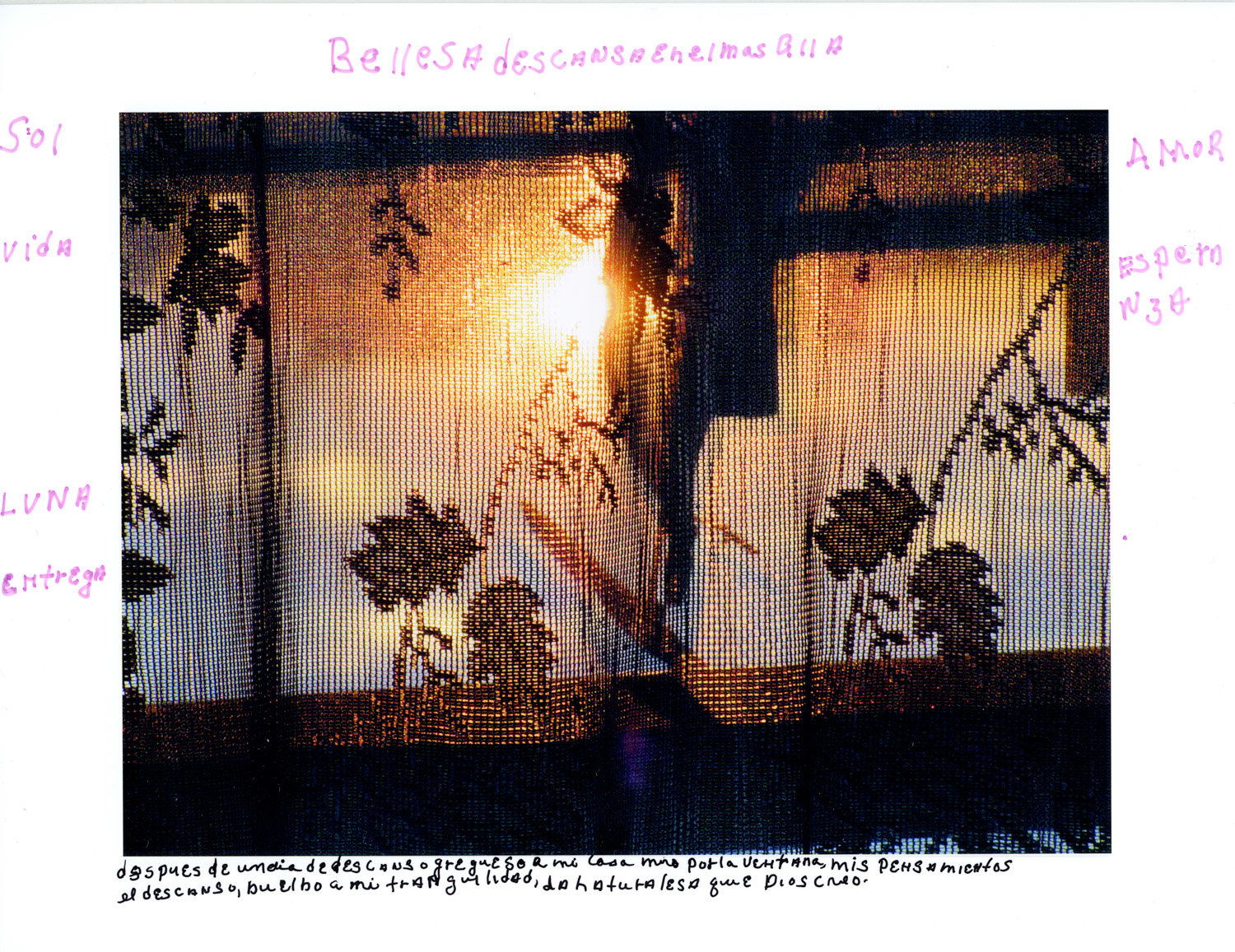Carmen Adorno photographed the late day sun through a curtain she made in her home, and wrote musings in Spanish on the print. Adorno is a member of the Bronx Senior Photo League, which is having a group exhibition at the Bronx Documentary Center through Feb. 2.