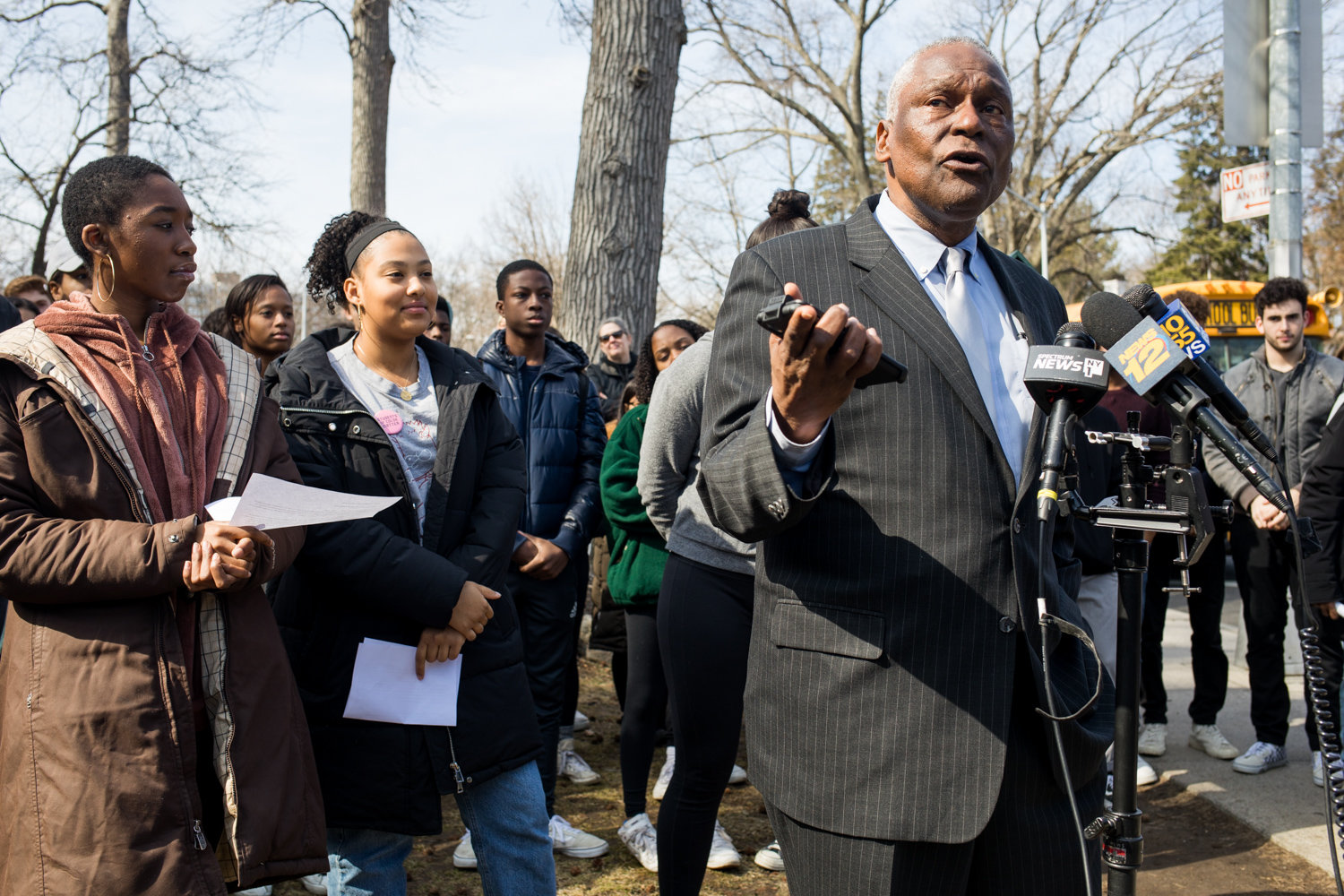 Keith Wright, an Ethical Culture Fieldston School alum, speaks at a news conference last year about the administration’s commitment to tackle robust reforms addressing what some students described as deep-seated racial issues. The school is embroiled in controversy once again after it fired a history teacher accused of making controversial remarks on social media.