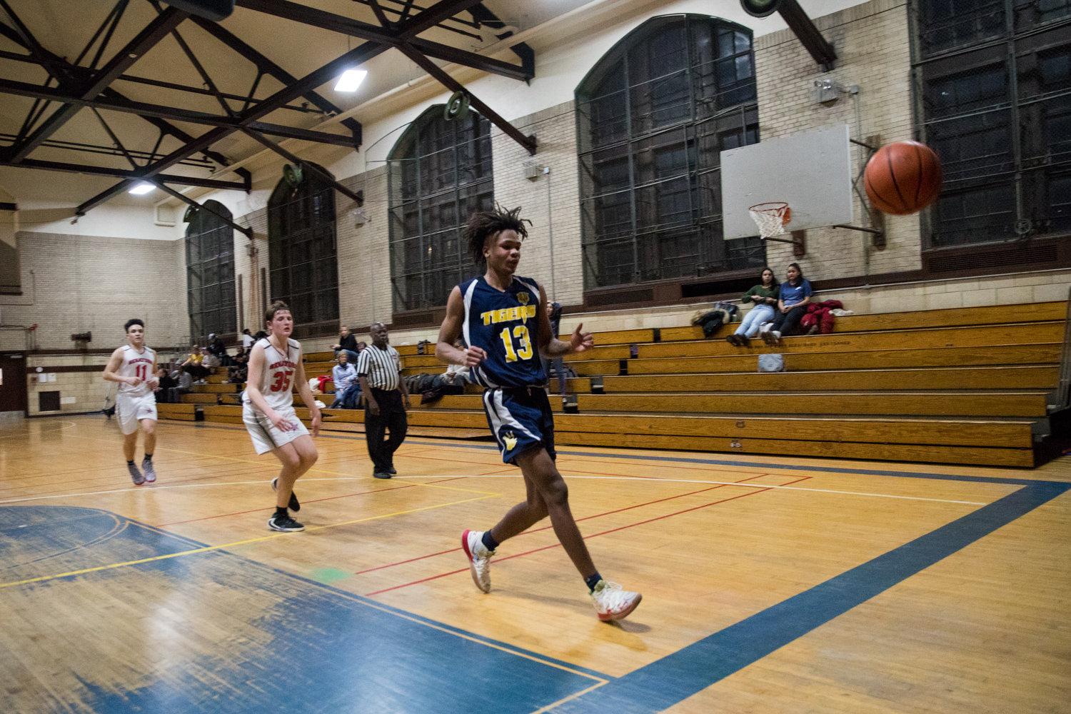 Riverdale/Kingsbridge Academy’s Kai Parris loses the ball out of bounds, but that was about the only thing not going his way as he scored 28 points in a convincing victory over American Studies.
