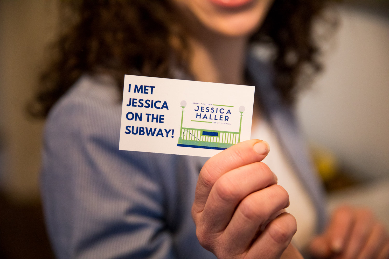 Transit is a part of Jessica Haller’s city council campaign platform. And to that end, she’s made campaign cards to hand out to people on the subway.