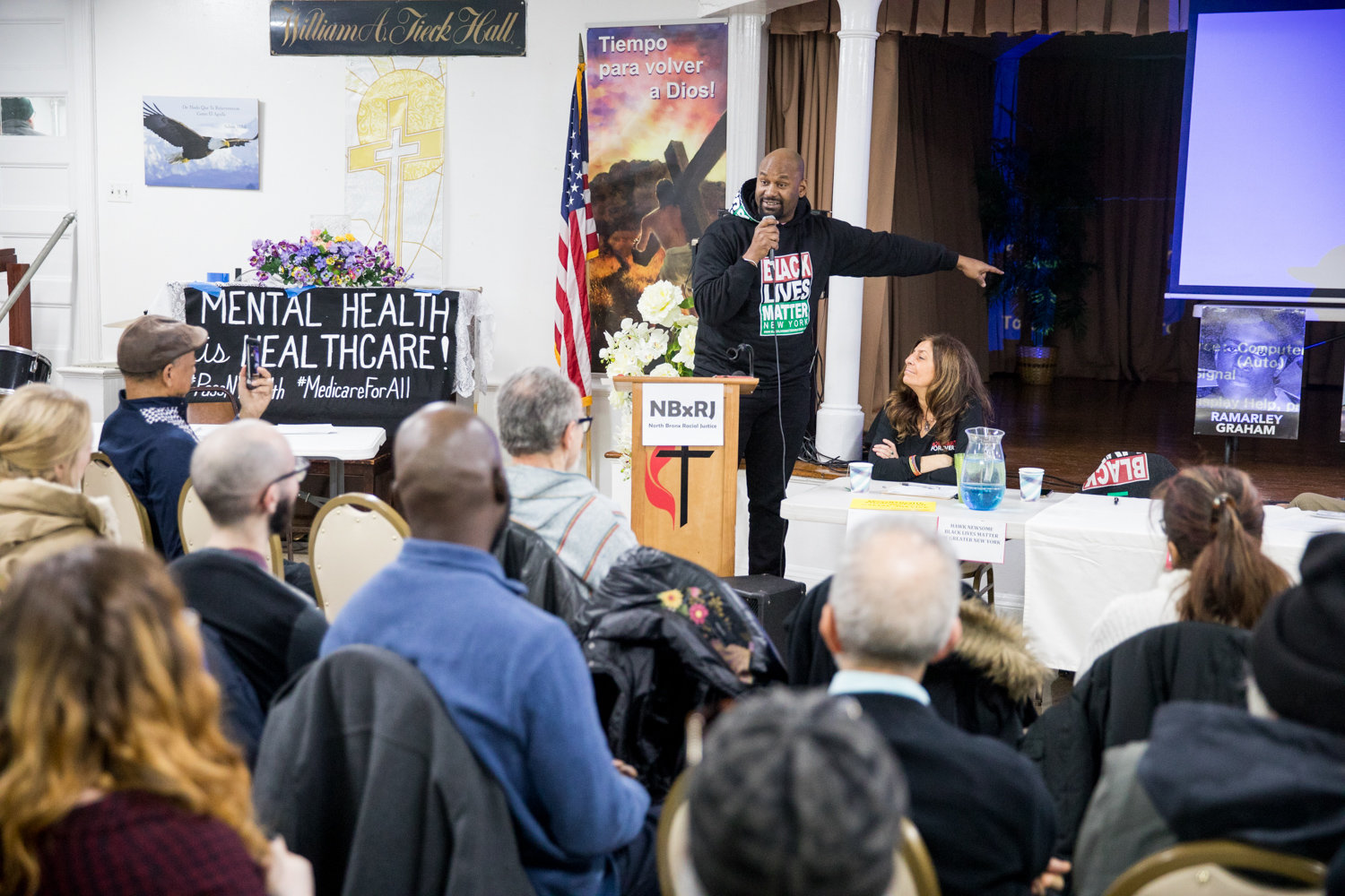 Black Lives Matter of Greater New York president Hawk Newsome speaks at a panel discussion on mental health and police activity in communities of color at St. Stephen’s United Methodist Church on Martin Luther King Jr. Day.