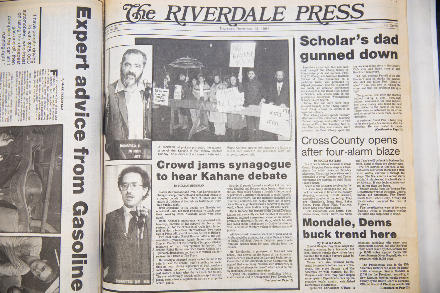 The March 1, 1984 edition of The Riverdale Press provided extensive coverage of the debate between then-Harvard Law School professor Alan Dershowitz and Rabbi Meir Kahane. While both were observant Jews and Zionists, they had sharply different opinions on the future of Israel.