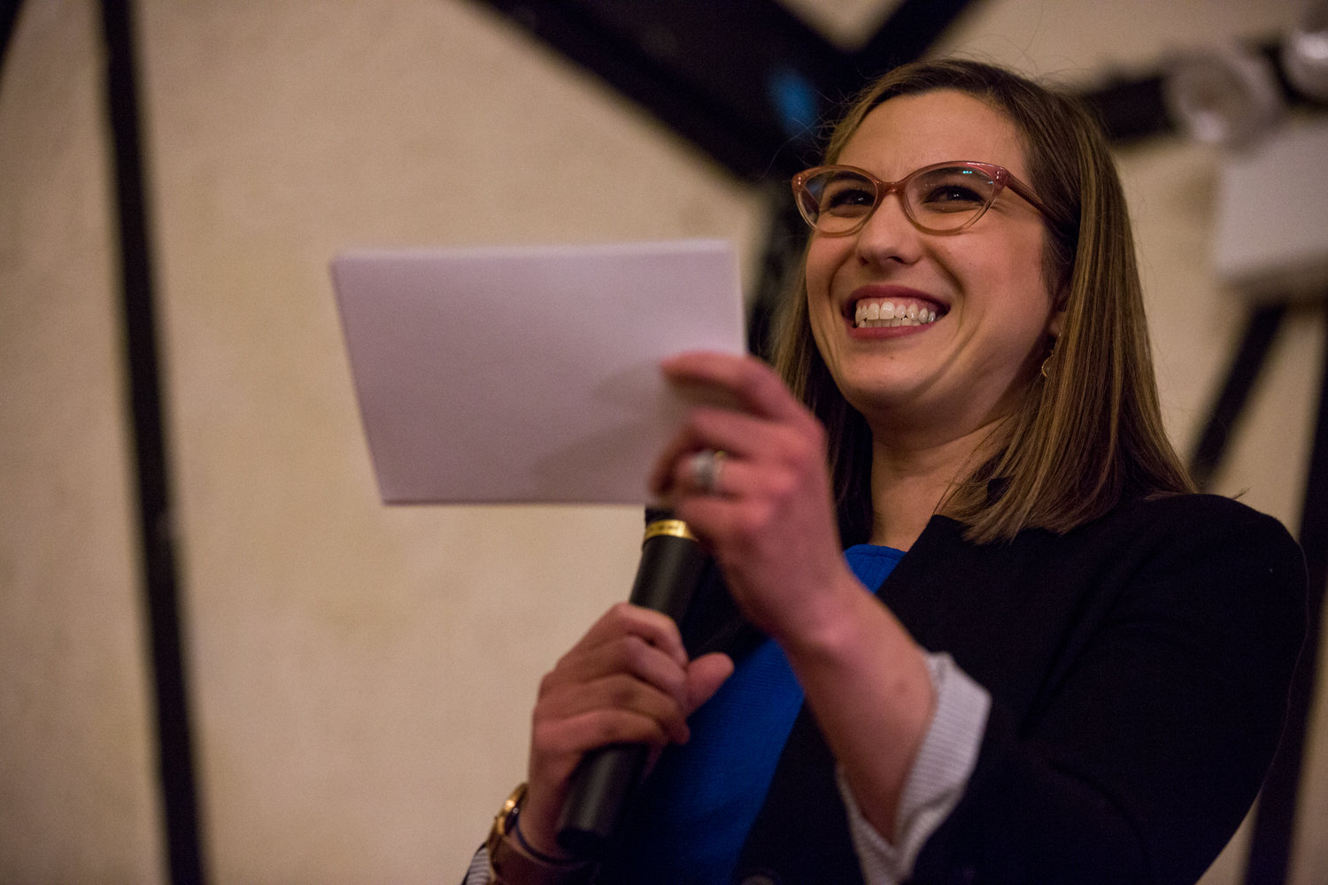 Morgan Evers makes her case for president of the Benjamin Franklin Reform Democratic Club during the club’s annual meeting Jan. 29. She challenged incumbent Michael Heller, but ultimately lost 243-153.