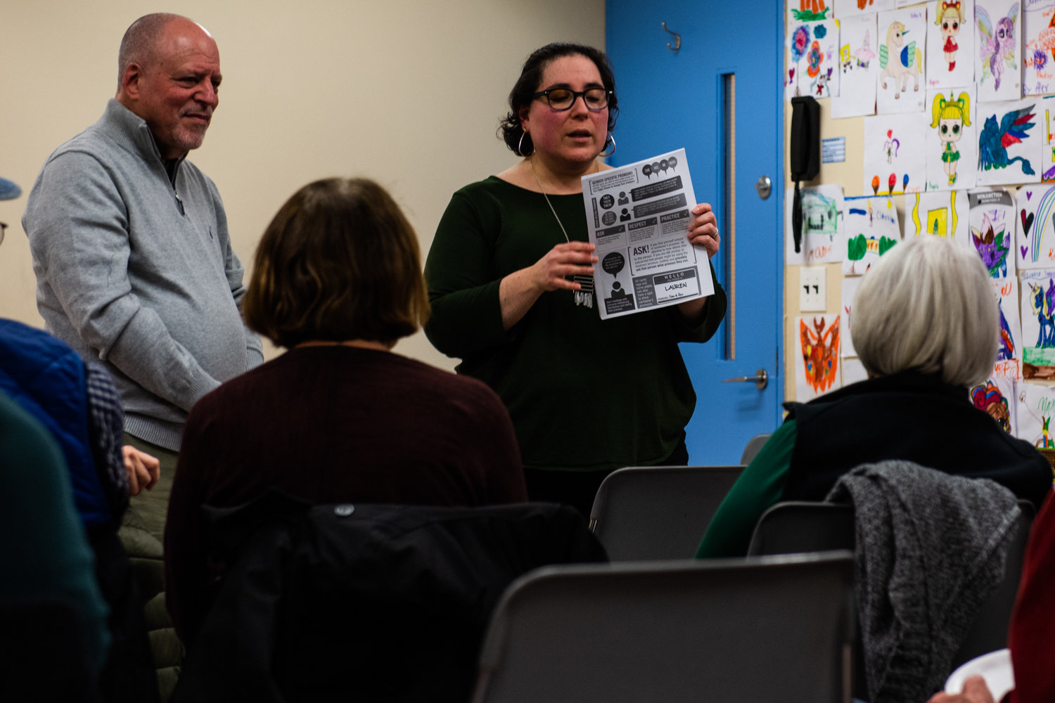 Eva Dolgin and Jerry Goodman lead a discussion at the inaugural meeting of Bronx Parents of Pride at The Riverdale Y. The group seeks to help people better understand the LGBTQ community, and their friends and family members who are part of it.