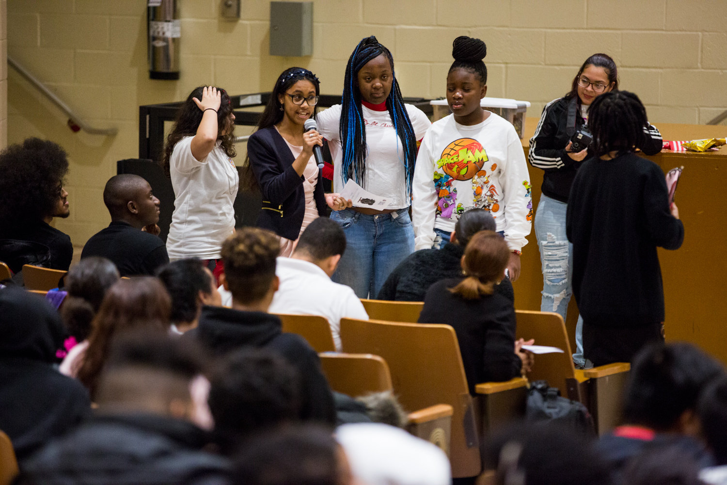 Students participate in an interactive poem for the Marble Hill School for International Studies’ second annual Black History Show, organized by the school’s new Black Student Union.