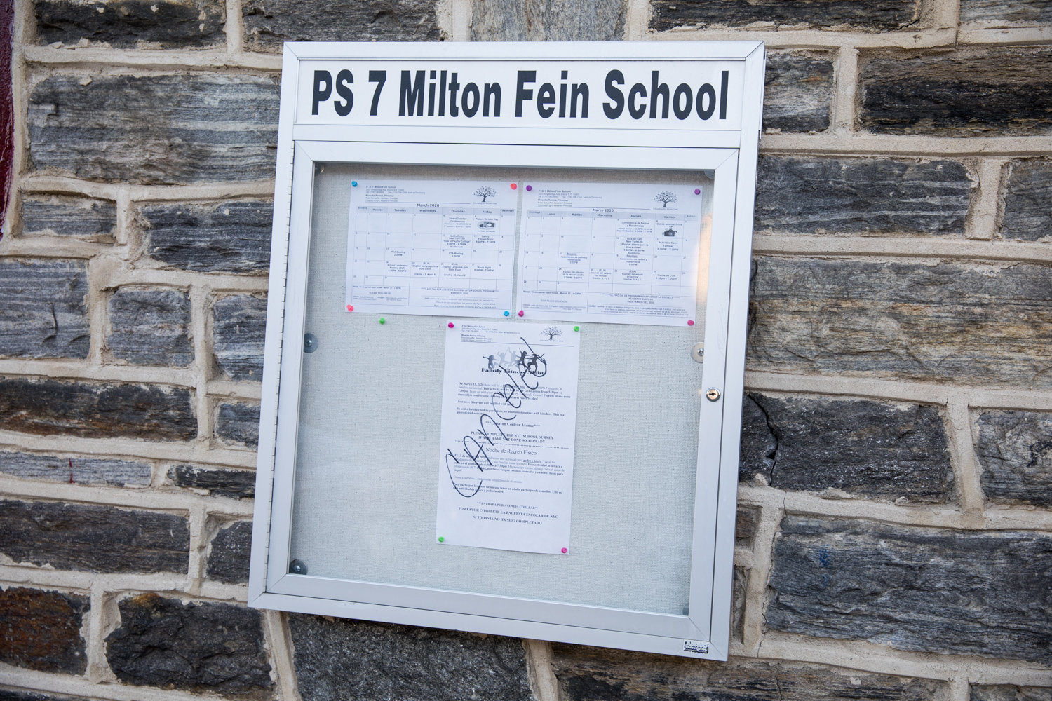 ‘Canceled’ is written on a bulletin board outside P.S. 7 Milton Fein School. Mayor Bill de Blasio closed all public schools last Monday until at least April 20.