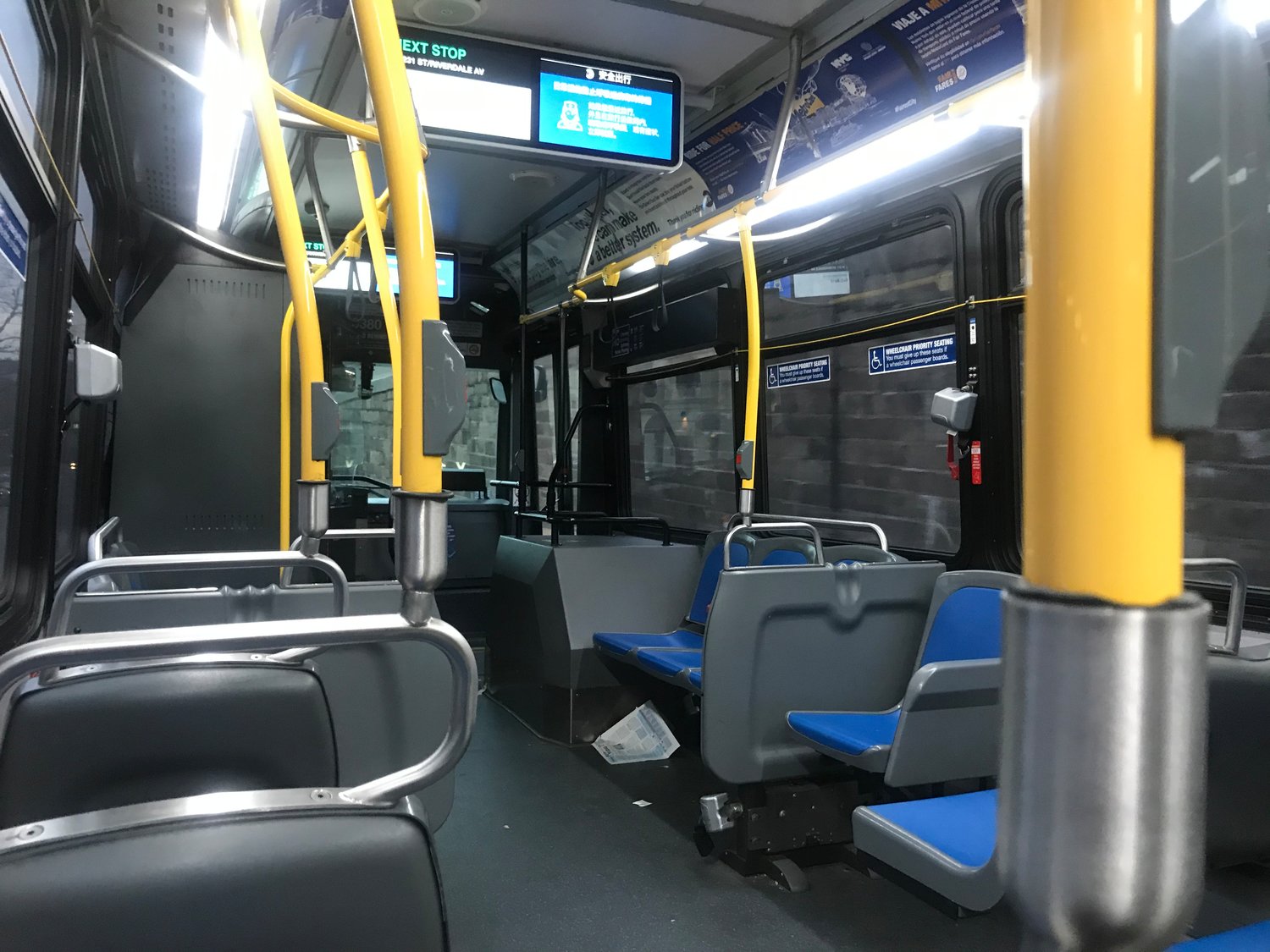 A near-empty Bx7 bus lumbers its way down Riverdale Avenue toward West 231st Street. Just hours before Gov. Andrew Cuomo locked down the state, few people were using mass transit.