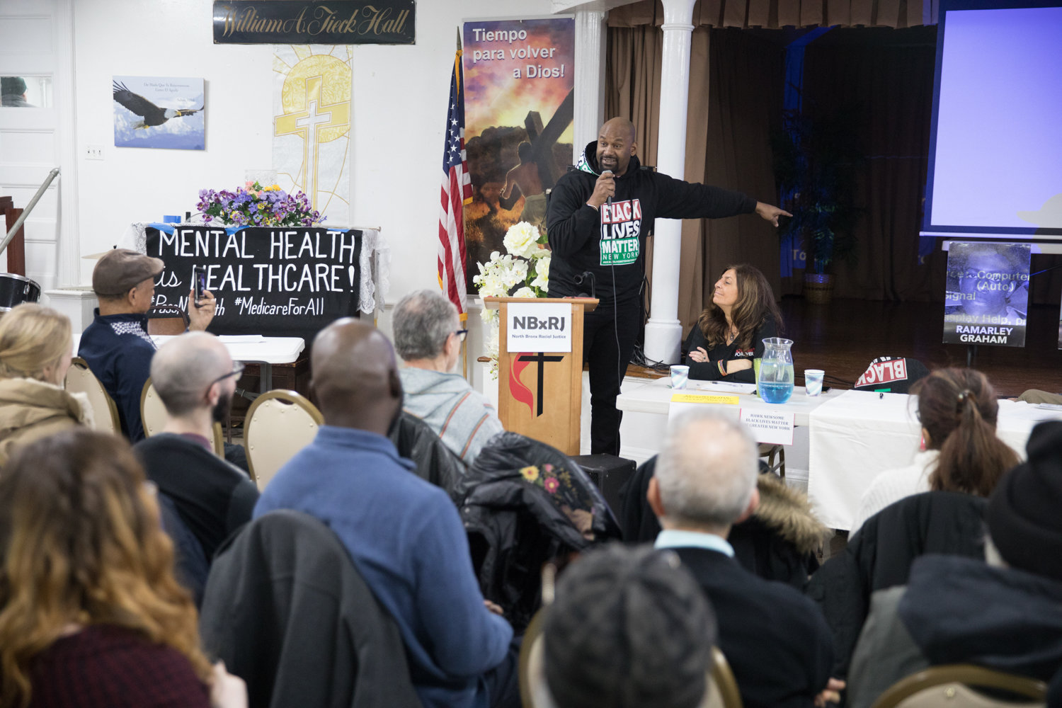 Black Lives Matter of Greater New York president Hawk Newsome speaks at a panel discussion, organized in part by North Bronx Racial Justice, on mental health and police activity in communities of color at St. Stephen’s United Methodist Church on Martin Luther King Jr. Day. Organizations like North Bronx Racial Justice have had to adapt to working online in response to the pandemic.