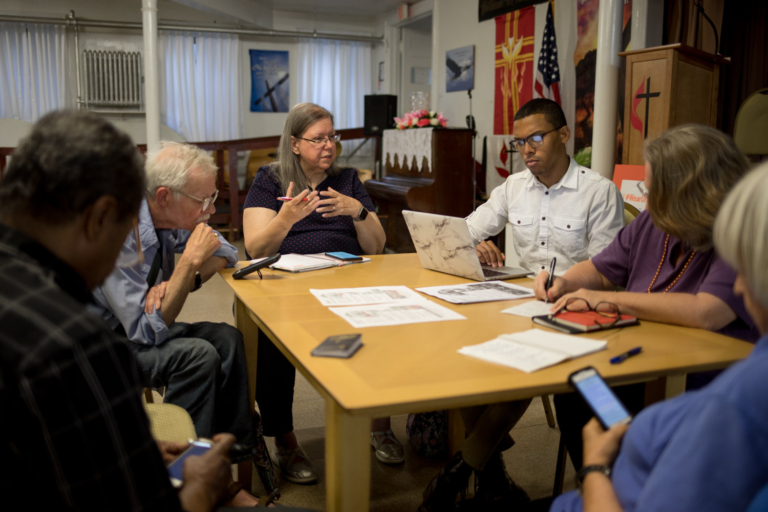 Jone Johnson Lewis, leader of the Riverdale-Yonkers Society for Ethical Culture, center, is adapting to taking the organization’s services and activities online as the coronavirus pandemic has caused many people to stay at home.