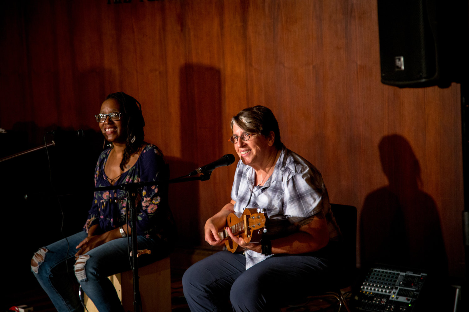 DK & the Joy Machine, right, plays folk music with Lindsey Wilson, left, during a Coffee House event at the Riverdale-Yonkers Society for Ethical Culture in 2018. Live performances can no longer be found at the society as a consequence of the coronavirus pandemic.