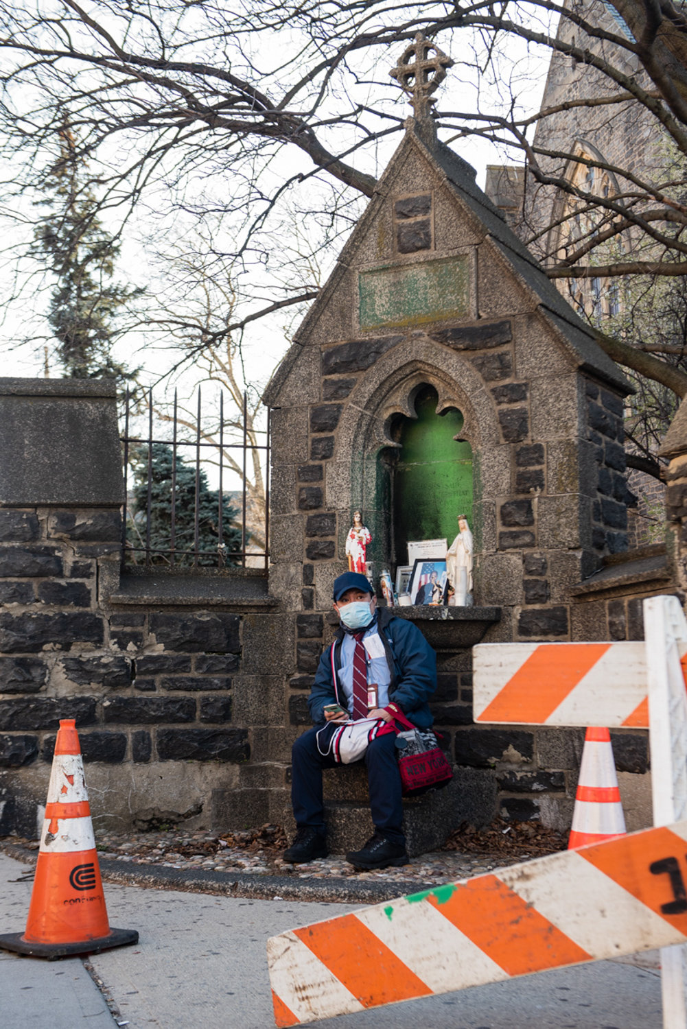 Frida Sterenberg photographed an MTA worker sitting on a stoop outside the Episcopal Church of the Mediator during a walk around the neighborhood, which is part of an ongoing project about how the area has changed as a result of the state’s shutdown in response to the coronavirus pandemic