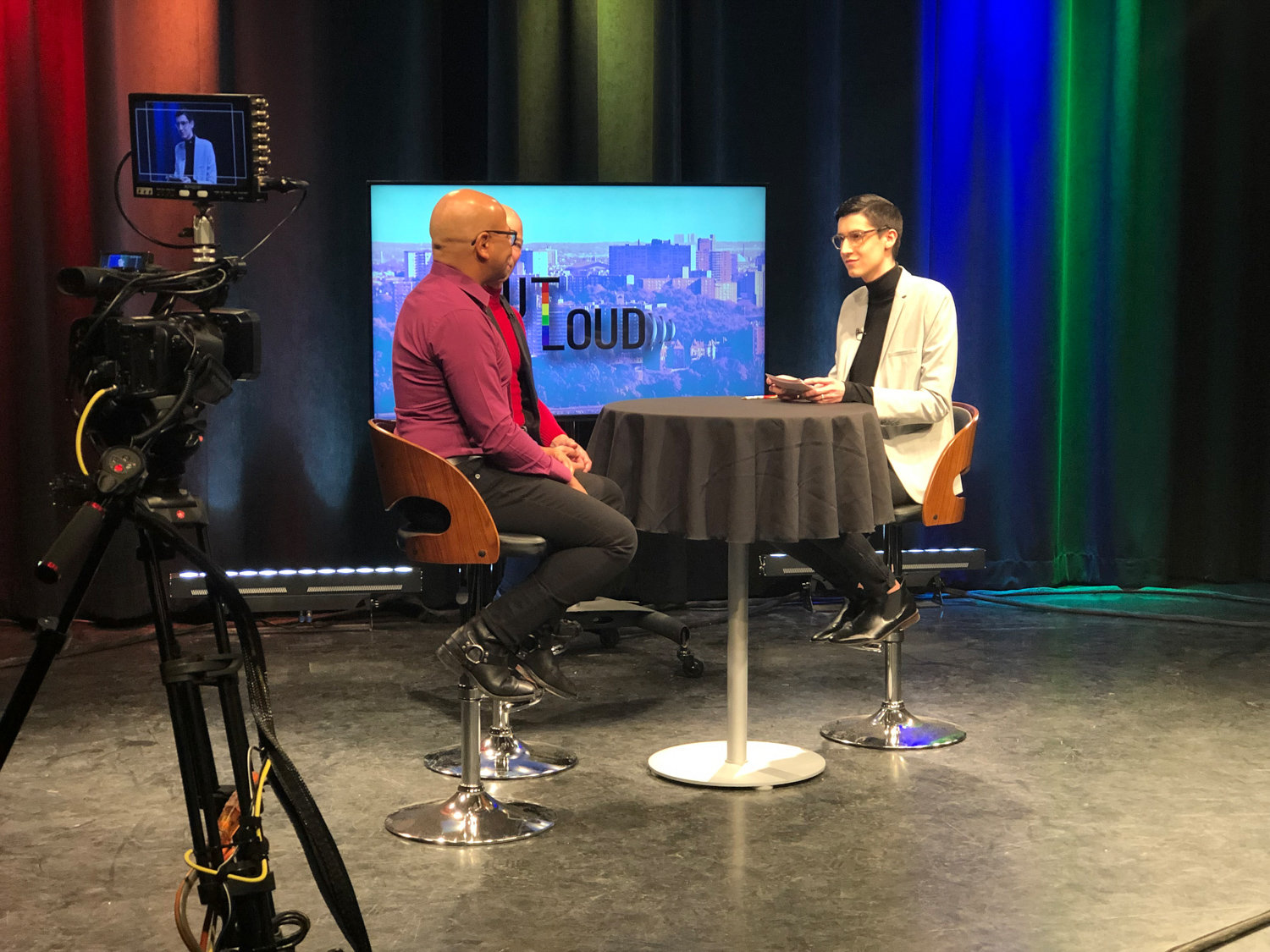 Anthony Parker, right, host of the monthly LGBTQ television show ‘Out Loud,’ interviews Arthur Aviles and Charles Rice-Gonzalez, left, of the Bronx Academy of Arts and Dance for his first episode on BronxNet.
