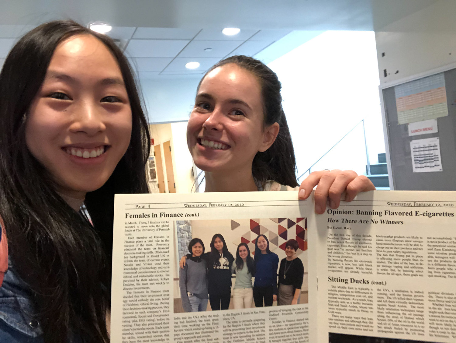 Olivia Pollack and Rosemary Jiang were thrilled about being featured in the Feb. 12 issue of The Fieldston News. Pollack and Jiang are members of Ethical Culture Fieldston School’s Females in Finance Club, which had an impressive first year before the coronavirus pandemic intervened.