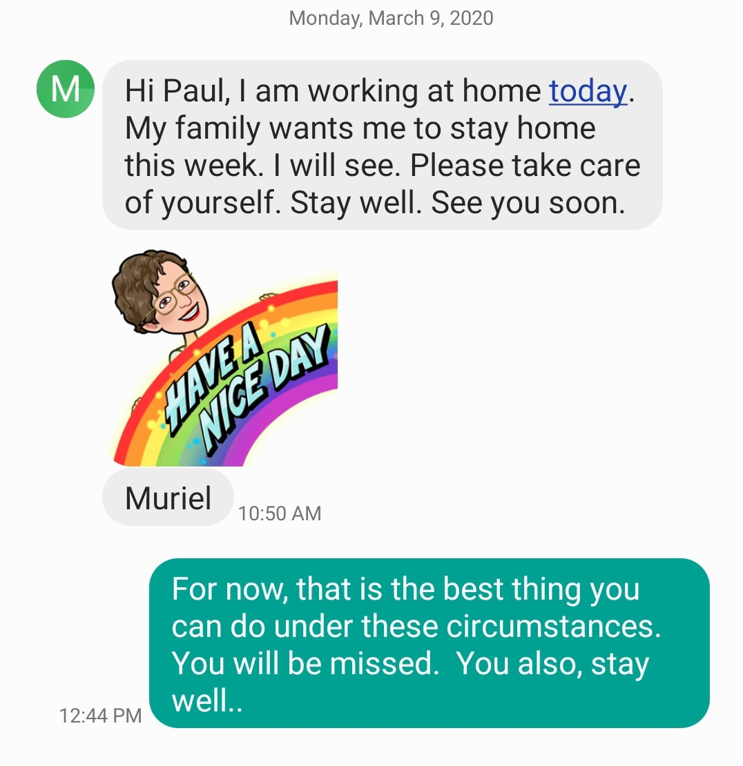 A text exchange from March 9 shows Muriel Kessler informing Metro-North conductor Paul Kempner of her decision to work from home.