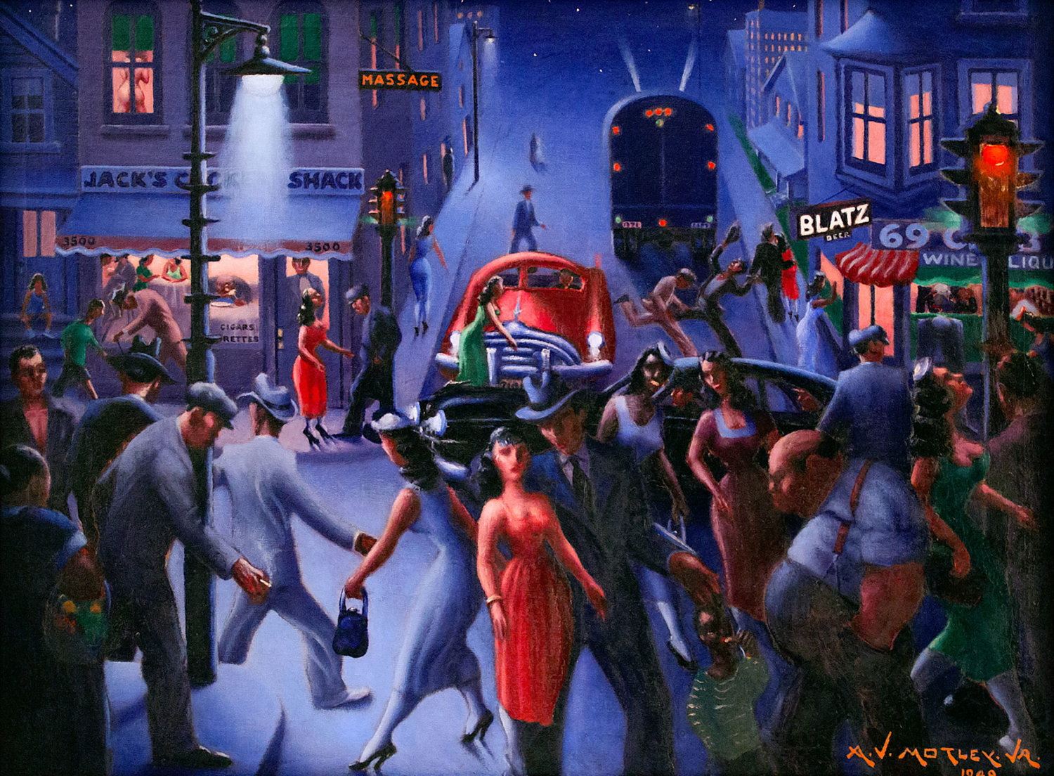 Archibald John Motely Jr.’s ‘Bronzeville at Night’ is one of the Hudson River Museum’s chief pieces in its ‘Self in the City’ exhibit, which has become available to the public thanks to the Museum from Home program during the coronavirus pandemic.