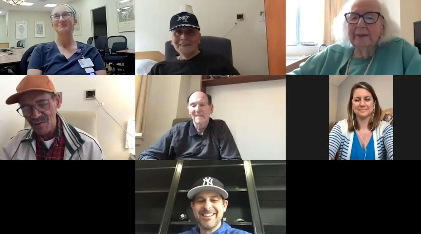 New York Yankees manager Aaron Boone, bottom, chats it up with some residents and nurses from the Hebrew Home at Riverdale in a Zoom videoconference call. Will the Yankees play again this season? Boone says that's a big yes.