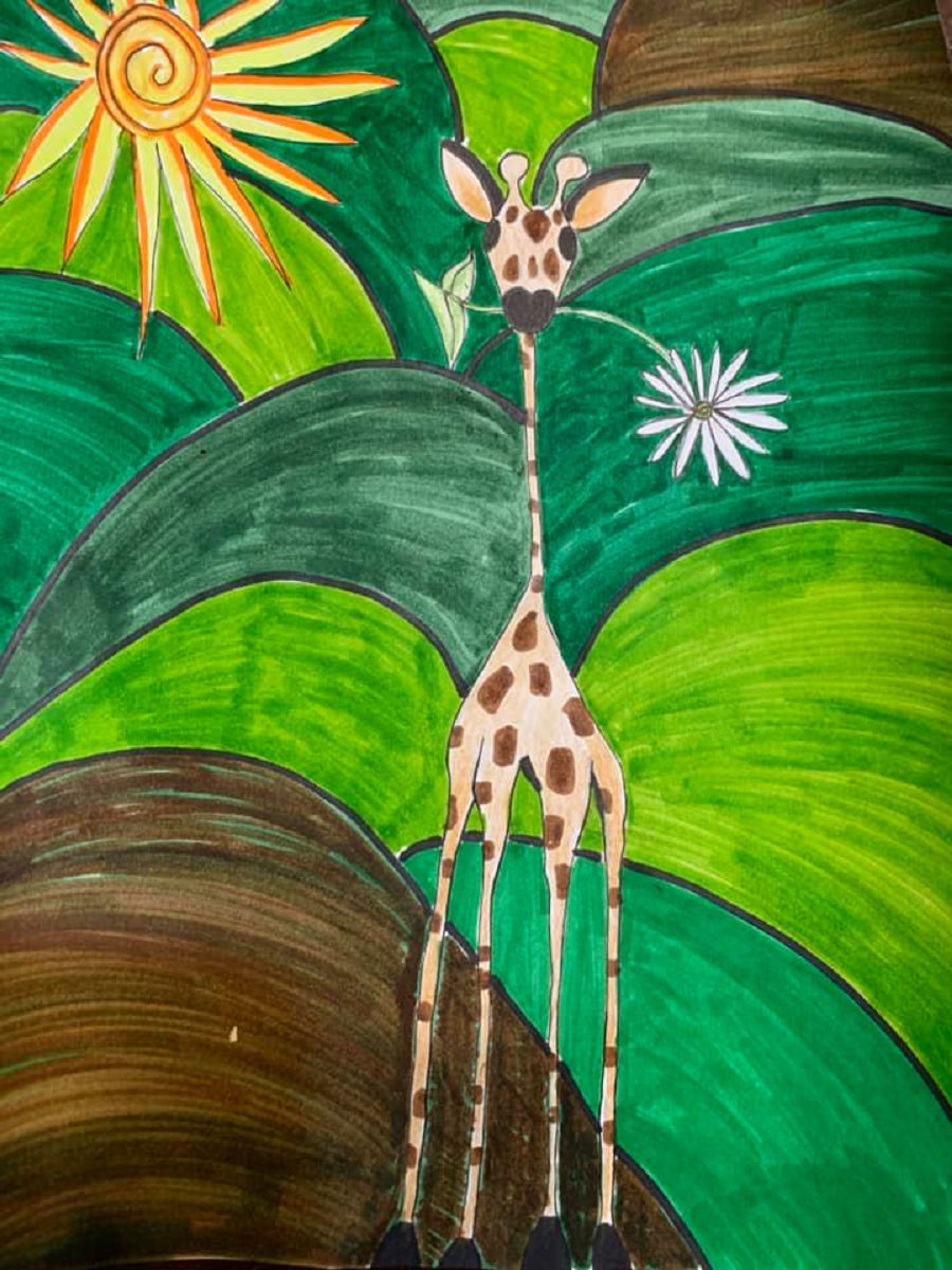 Artist Nina Velazquez encourages people online to draw their interpretation of a giraffe set against a natural landscape as part of an art series for families and children staying at home during the pandemic.