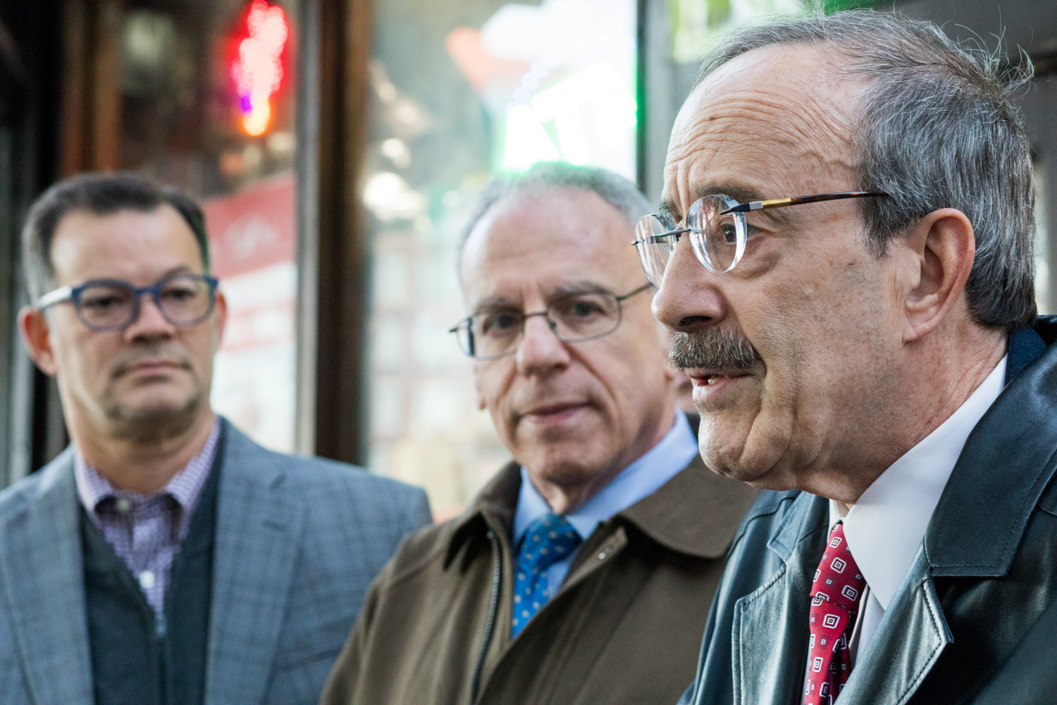 U.S. Rep. Eliot Engel, right, and Assemblyman Jeffrey Dinowitz, center, seen here at a 2018 press conference, held a virtual conference with each other last week to talk about a wide range of issues.