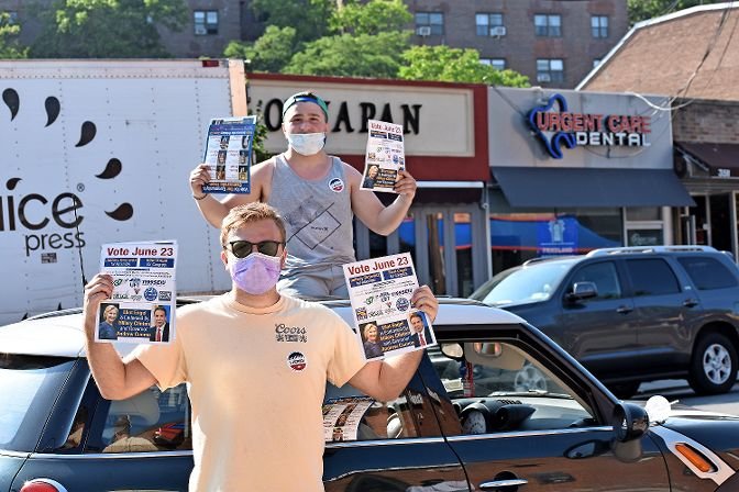 Eitan Weinsteiner and Lenny Faiwiszewski, both volunteering for U.S. Rep. Eliot Engel, set up shop on Johnson Avenue for the primary election on June 23. College students who live in Riverdale, the two said Engel had a long history of doing good in the district, and said they had talked to many Engel supporters throughout the day.