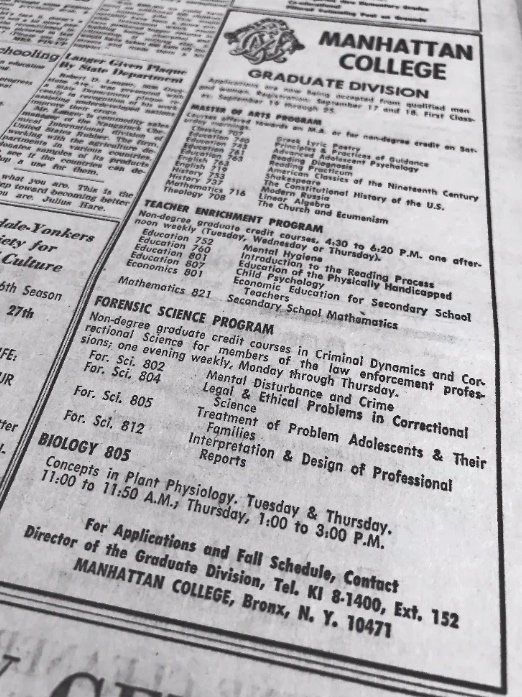 Manhattan College didn't always refer to itself as exclusively a Riverdale school. This 1964 advertisement that appeared in The Riverdale Press lists its address as the Bronx.