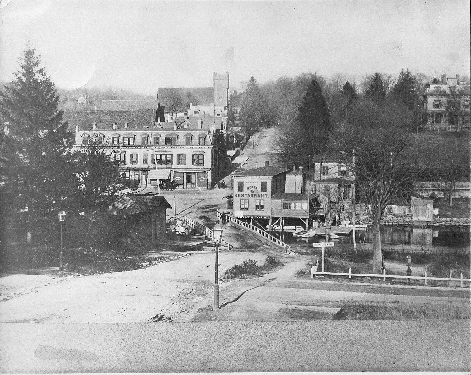 An early picture of Kingsbridge features the old route of the Spuyten Duyvil Creek, as well as the Moller Mansion in the upper righthand corner.