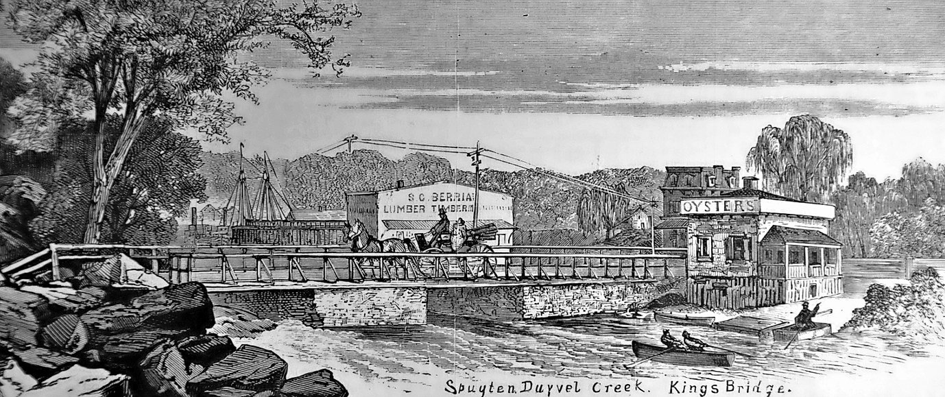 This is likely what the view would have been in front of the Moller Mansion in the early 1870s, with heavy oystering on Spuyten Duyvil Creek, and even early telegraph lines.