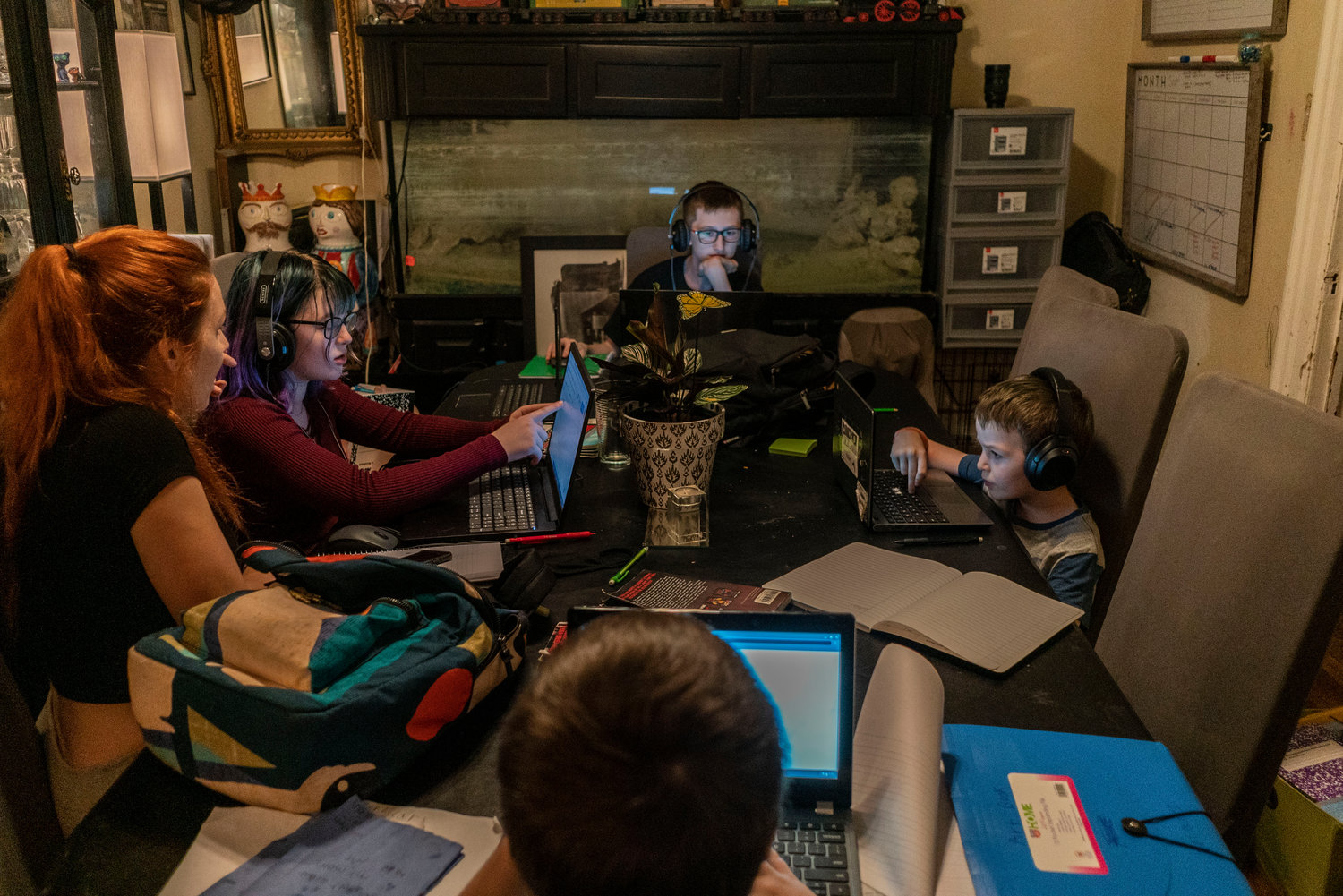 Doing school work in the dining room each night is a family affair for the Lynches since the start of remote learning, including, from left, mom Joelle, along with Bailee, 13; Nicolas Jr., 14; Carter, 8; and Nolan-Louis, 9.