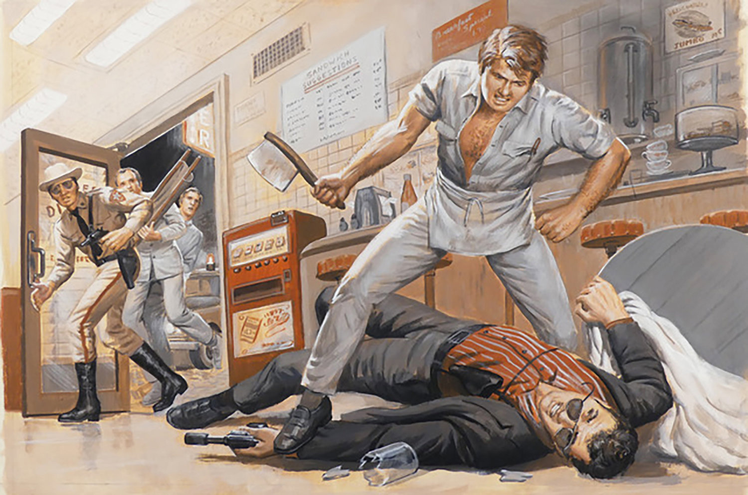 Much of pulp artist Samson Pollen’s work was published in the men’s action magazines of the mid-to-late 20th century. This piece, titled ‘Contract Killer on Cemetery Hill’ appeared in Stag.